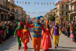 Straatparade met mensen in carnavalskostuums en confetti tijdens Grieks carnaval in de Peloponnesos