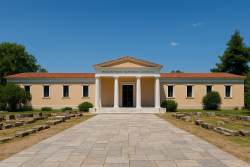 Voorgevel van het Archeologisch Museum van Olympia met Dorische zuilen en klassieke architectuur onder een heldere blauwe lucht.