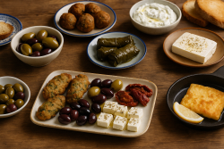 Assortiment van Griekse mezedes op houten tafel, met olijven, feta, dolmadakia, tzatziki, courgettekoekjes en gebakken saganaki kaas.