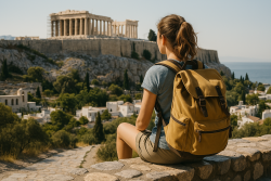 Vrouwelijke backpacker met gele rugzak kijkt uit over de Akropolis in Athene