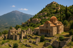 Breedbeeldfoto van de Byzantijnse ruïnes van Mystra in Griekenland, met kerken, stenen gebouwen en een kasteel op een groene heuvel.