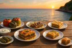 Griekse gerechten zoals moussaka, souvlaki en spanakopita op een tafel aan zee