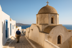 Man wandelt door rustige straat in Santorini met witte huizen, kerkkoepel en uitzicht op zee in het zachte middaglicht.