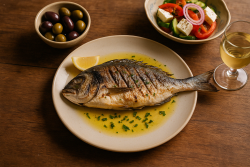 Gegrilde goudbrasem met olijfolie en citroen op een keramisch bord, geserveerd met olijven, Griekse salade en een glas witte wijn op een houten tafel.