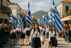 Meisjes in uniform dragen grote Griekse vlaggen tijdens een zonnige parade in een mediterraan dorp