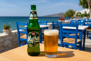 Grieks terras met een fles Mythos bier en een gevuld glas op een houten tafel, met op de achtergrond blauwe stoelen, witte muren en uitzicht op de Egeïsche Zee.