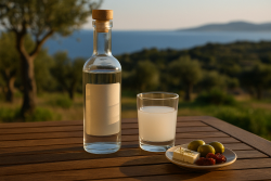 Griekse ouzo met glas en mezedes op houten tafel bij zonsondergang, met uitzicht op zee en olijfbomen op de achtergrond.