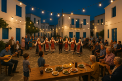 Grieken dansen op een dorpsplein bij avondlicht, omringd door tafels met eten en muziekanten
