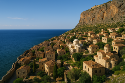 Breedbeeldfoto van Monemvasia met oranje daken, Byzantijnse kerken en een hoge rotswand aan zee, onder een heldere blauwe lucht.
