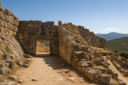 De Leeuwenpoort van Mycene met Cyclopische stenen muren, omliggende ruïnes en heuvelachtig landschap op de achtergrond.