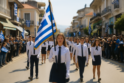 Grieks meisje draagt nationale vlag tijdens Ohi-dag parade in een zonnige straat in de Peloponnesos