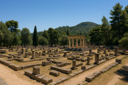 Overzicht van de archeologische site van Olympia met verspreide zuilen en de gereconstrueerde zuilenrij van de Tempel van Hera, tegen een bosrijke achtergrond.