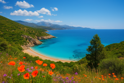 Kleurrijk uitzicht over een baai in de Peloponnesos met turquoise zee, bloeiende bloemen op de voorgrond, groene heuvels en een blauwe lucht met wolken.