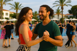 Stel danst salsa bij zonsondergang tijdens een Latin festival aan een zwembad in Griekenland.