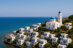 Wit dorpje en blauwe kerk op een heuvel aan zee op Samos, omringd door olijfbomen en bergachtig landschap.