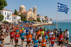 Hardlopers passeren Griekse haven tijdens Spetses Mini Marathon met toeschouwers en blauwe zee op de achtergrond