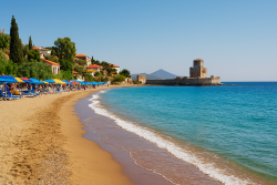 Breed zandstrand in Methoni met gekleurde parasols, blauwe ligbedden, kalm turquoise water en een middeleeuwse vesting aan zee.