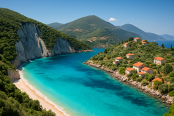 Turquoise baai op Lefkas met zandstrand en traditionele bergdorpen met rode daken tussen groene heuvels.