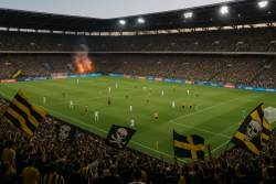 Voetbalwedstrijd in een vol Grieks stadion met juichende supporters, zwaaiende vlaggen en felle stadionlichten tijdens een avondwedstrijd.