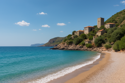 Rustig kiezelstrand aan de zuidkust van de Peloponnesos met helderblauw water en historische torenwoningen op een heuvel.