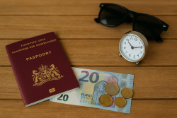 Nederlands paspoort, eurobiljet en muntgeld, een kleine reiswekker en zonnebril op een houten tafel – symbolische items voor een goed voorbereide vakantie.