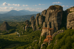 Panoramafoto van de kloosters van Meteora in Griekenland, gebouwd op steile rotsformaties, omringd door groen en bergen.