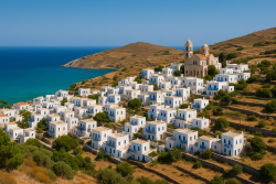 Traditioneel Grieks dorp op Tinos met witte huizen, blauwe luiken en een kerk, gelegen aan de Egeïsche kust.