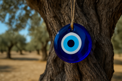 Blauw geluksoog (mati) amulet hangend aan een oude olijfboom in een Grieks landschap met olijfbomen op de achtergrond.