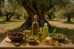 Tafel met Griekse olijfproducten zoals olijven, olijfolie, zeep en cosmetica, opgesteld voor een oude olijfboom in een boomgaard.