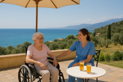 Oudere vrouw in rolstoel met begeleider op zonnig terras aan zee in de Peloponnesos.
